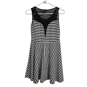 Forever‎ 21 Black White Stripe Mesh Neck Fit Flare Dress Womens Size Small A62